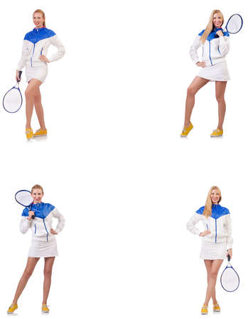 Young beautiful lady playing tennis isolated on whiteの写真素材