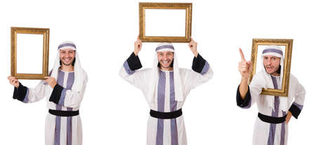 Arab man with picture frame isolated on whiteの写真素材