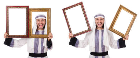 Arab man with picture frame isolated on whiteの写真素材