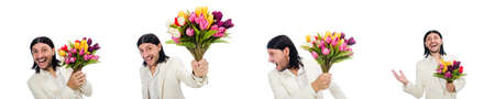 Man with tulip flowers isolated on whiteの写真素材