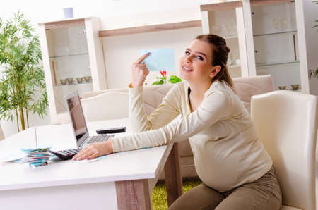 Young pregnant woman in budget planning concept