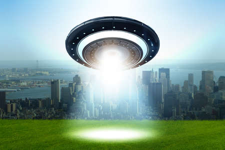 Illustration of flying saucer emitting light - 3d rendering