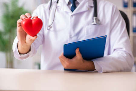 Male doctor cardiologist holding heart model