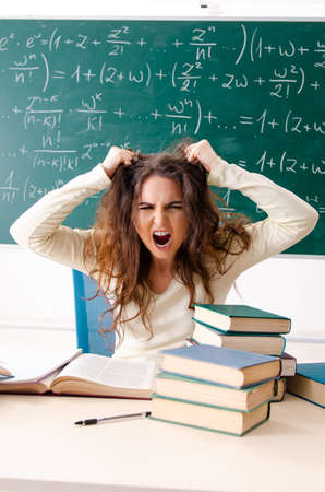 Young female math teacher in front of chalkboardの写真素材