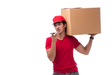 Young male courier with boxの写真素材