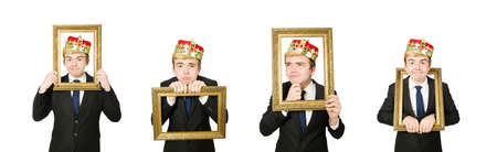 Man with picture frame isolated on the white background