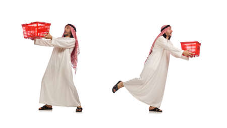 Arab man doing shopping isolated on white backgroundの写真素材