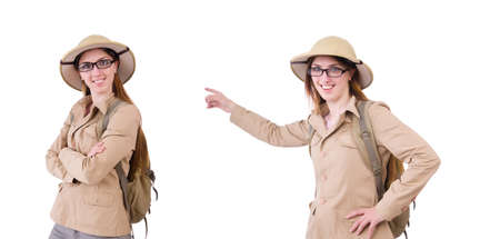 Woman wearing safari hat on white backgroundの写真素材
