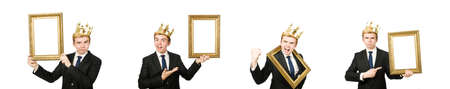 Man with picture frame isolated on the white backgroundの写真素材