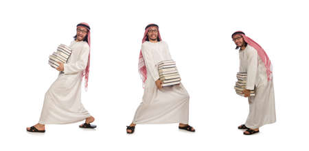 Arab man with books isolated on white backgroundの写真素材