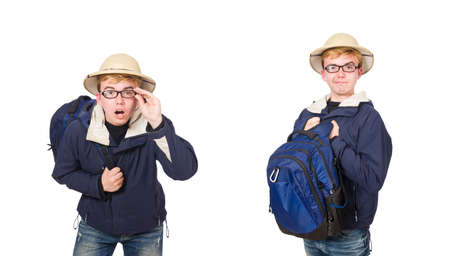 Funny student wearing safari hatの写真素材