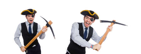 One-eyed man with weapon isolated on white backgroundの写真素材