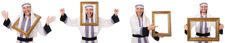 Arab man with picture frame isolated on whiteの写真素材