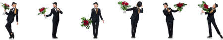 Businesswoman with bunch of flowers isolated on whiteの写真素材