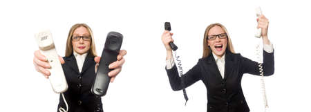 Pretty office employee holding phone isolated on whiteの写真素材