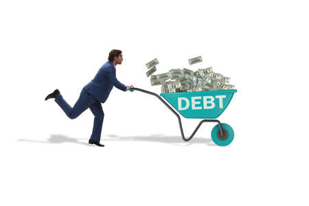 Businessman pushing wheelbarrow in debt loan conceptの写真素材