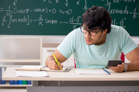 Young male student mathematician in front of chalkboard