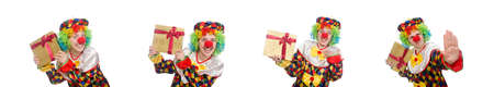 Clown with giftbox isolated on whiteの写真素材