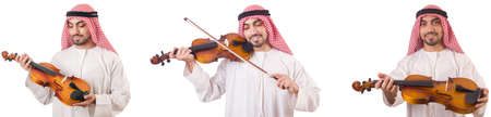 Arab man playing violin isolated on whiteの写真素材