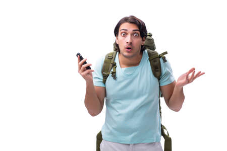 Young handsome tourist isolated on whiteの写真素材