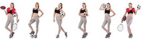 Young woman with football, rugby ball, boxing gloves and tennisの写真素材
