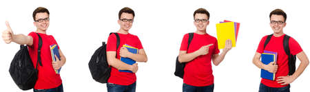 Young student with backpack isolated on whiteの写真素材