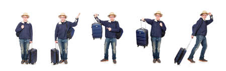Funny man with luggage wearing safari hatの写真素材