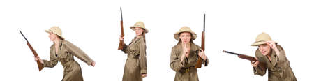 Woman wearing safari hat on white