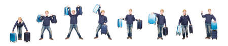 Funny man with luggage on white