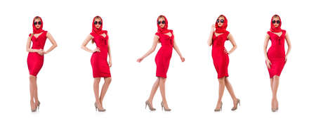 Blondie in red dress isolated on whiteの写真素材