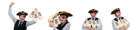 One-eyed man with moneybags isolated on whiteの写真素材