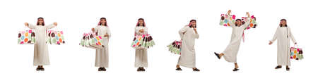 Arab man with shopping bags on white