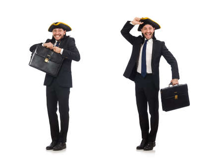 Businessman with tricorn and briefcase isolated on whiteの写真素材