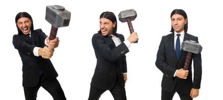 Handsome businessman holding hammer isolated on white