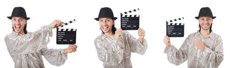Young man with clapper-board isolated on whiteの写真素材