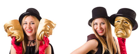 Woman with two masks isolated on white