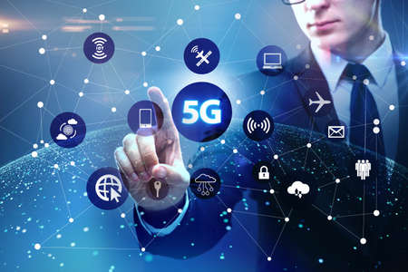 5g internet concept with businessman pressing buttons