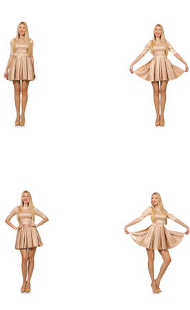 Beautiful woman in golden dress isolated on whiteの写真素材