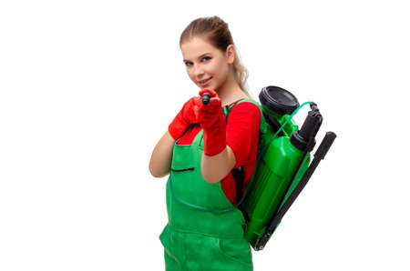 Female pest control contractor isolated on white