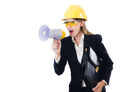 Woman with hard hat isolated on white backgroundの写真素材