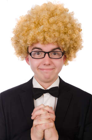 Young man wearing afro wigの写真素材