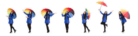 Pretty girl in blue winter jacket isolated on whiteの写真素材