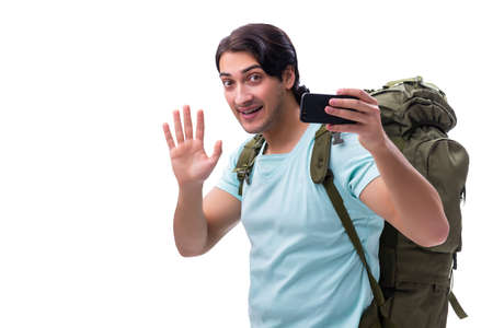 Young handsome tourist isolated on whiteの写真素材