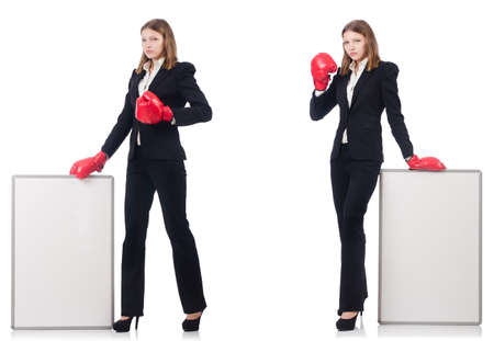 Woman boxer with blank board on whiteの写真素材