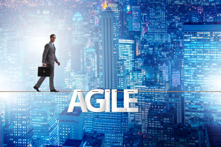 Agile transformation concept with businessman walking on tight rの写真素材