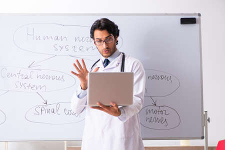 Young male doctor neurologist in front of whiteboardの写真素材