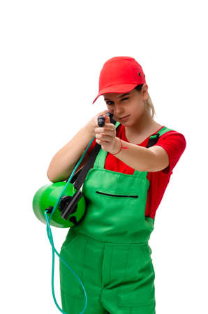 Female pest control contractor isolated on whiteの写真素材