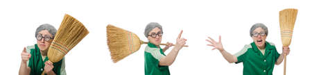 Woman with sweeping brush isolated on whiteの写真素材