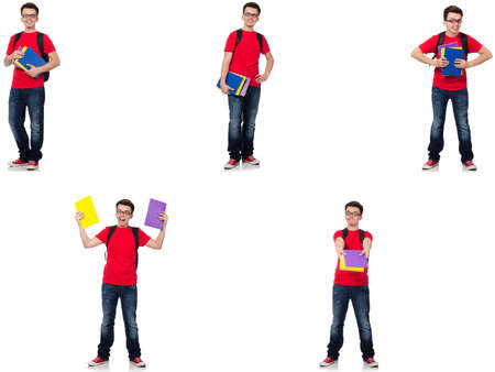 Young student with backpack isolated on whiteの写真素材