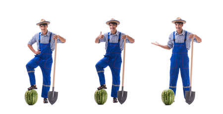 Young farmer with watermelon isolated on whiteの写真素材